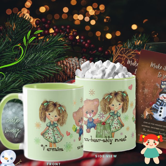 Mug Ours en peluche et une fille insupportable (Unbearably Sweet Teddy Bear and a Girl Mug- front and side view)