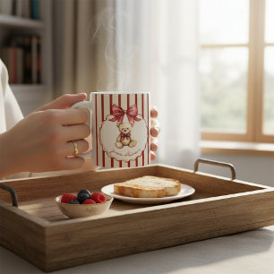 Mug Ours en peluche vintage noeud rouge aquarelle nom