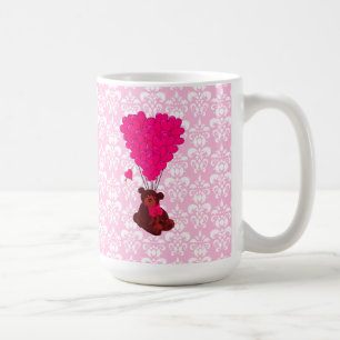 Mug Ours et ballons de coeur sur damas rose