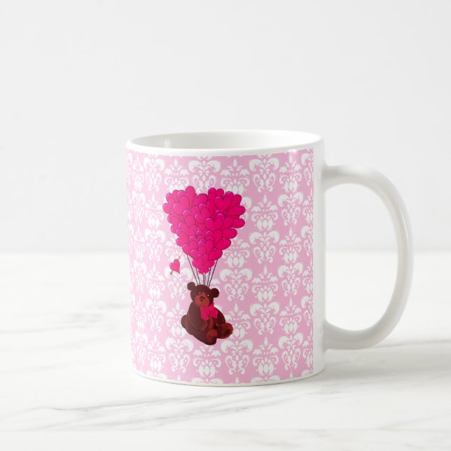 Mug Ours et ballons de coeur sur damas rose (Droite)