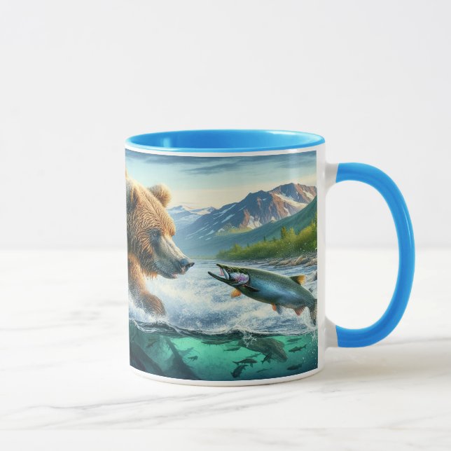 Mug Ours grizzlis avec truite arc-en-ciel saumon 7x5 (Droite)