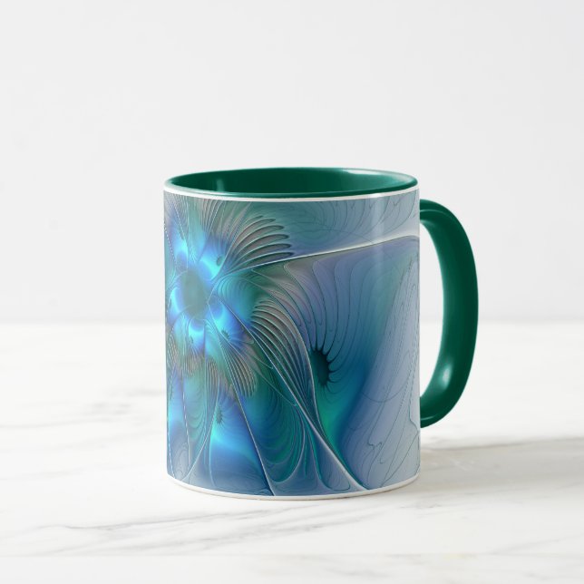 Mug Ovations debout, fractale abstraite bleu turquoise (Devant droit)
