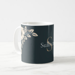 Mug Oxford Blue Gold Monogramme Fleurs élégantes