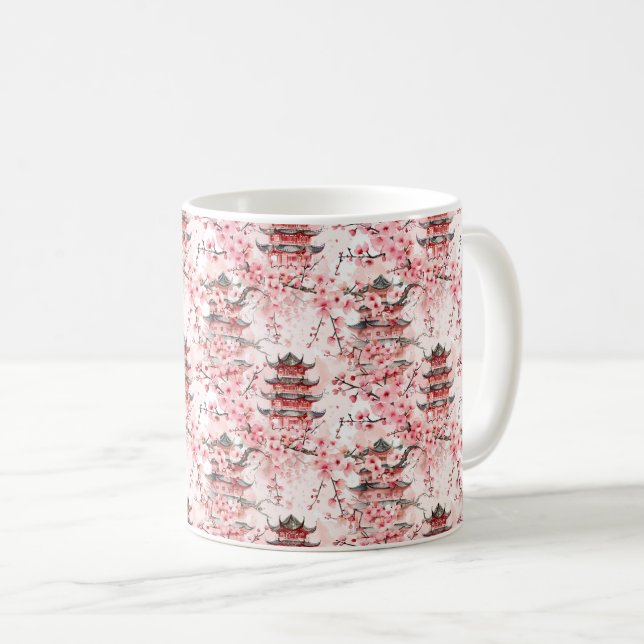 Mug Pagode chinoise aquarelle aux fleurs de cerisiers  (Devant droit)