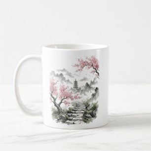 Mug Pagode Fleur de Cerisier Japonais Aquarelle