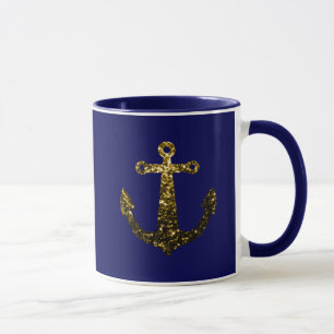 Mug Paillet faux éclat doré Ancre bleu marine