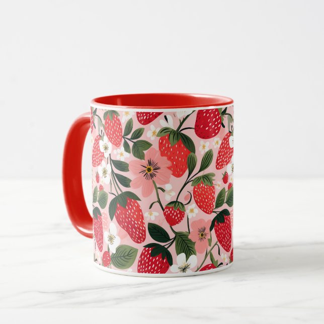 Mug Paillette de fraises et de fleurs d'été vibrante (Devant gauche)