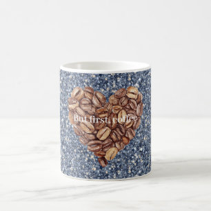 Mug Paillettes Bleu Denim Premier Coeur Grains de Café