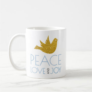 Mug Paix, Amour, Joie aquarelle, colombe dorée Noël