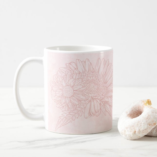 Mug Pale Pink Grunge with Name and Chrysanthemums (Avec donut)