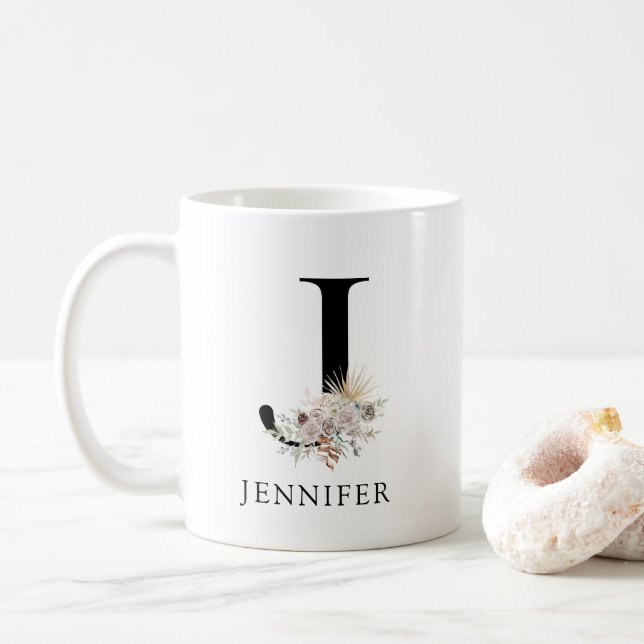 Mug Palmetto rose Floral Feuille Aquarelle Monogramme (Avec donut)