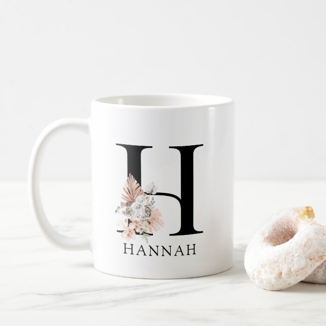 Mug Palmetto rose Floral Feuille Aquarelle Monogramme (Avec donut)