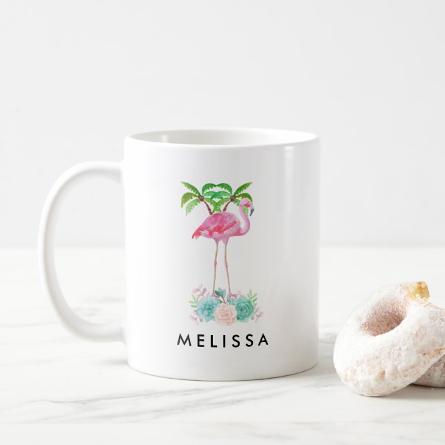 Mug Palmiers Flamants roses roses et succulents florau (Avec donut)