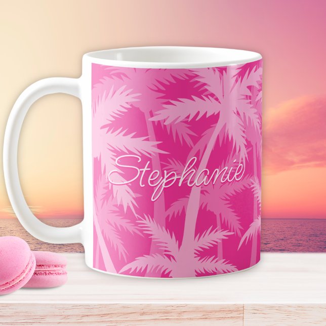 Mug Palmiers tropicaux Monogramme rose chaud (Créateur téléchargé)