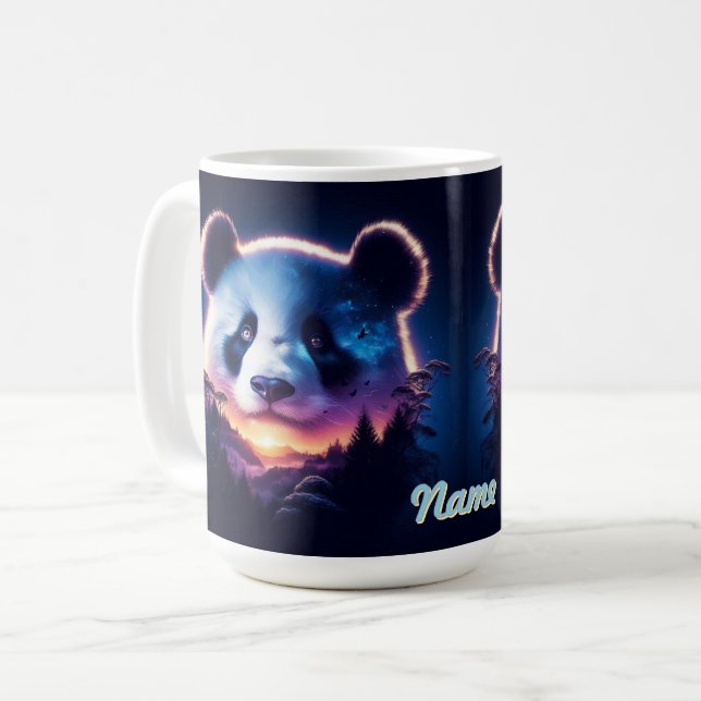 Mug Panda Face avec Forêt Surréelle et coucher de sole (Devant gauche)