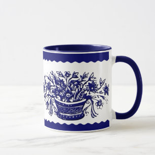 Mug Panier à fleurs rustique bleu et blanc et bouchon 