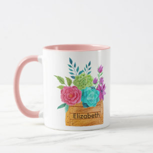 Mug Panier de monogramme de fleurs aquarelle