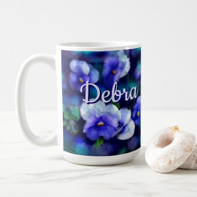 Mug Pansies bleues Pansy Fleur Floral Personnalisé (Avec donut)