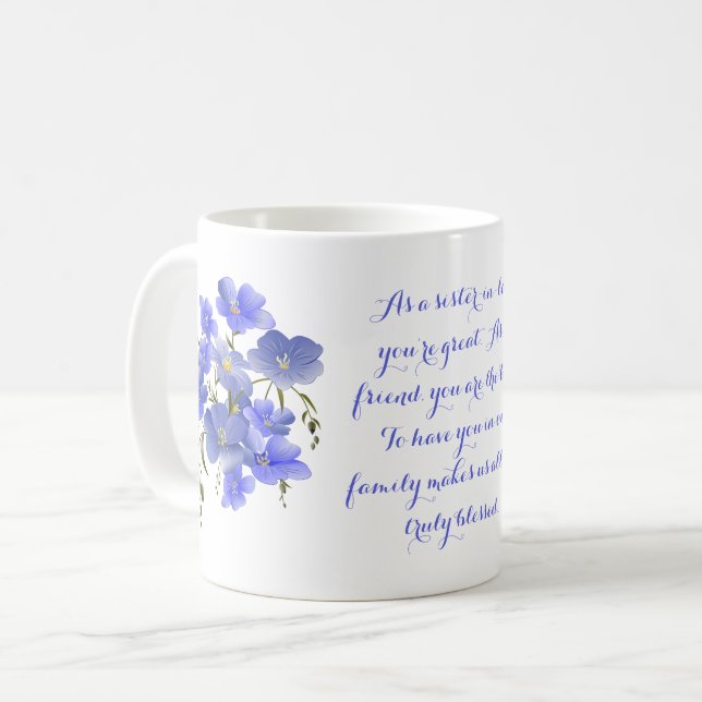 Mug Pansies, Soeur en Droit, Ami & Famille (Devant gauche)