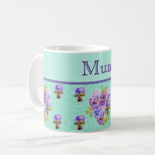 Mug Pansy Flower Aqua Stripe florale Mum Mothers Day C
