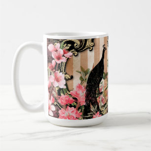 Mug Paon et fleurs illustrés antiques grunge