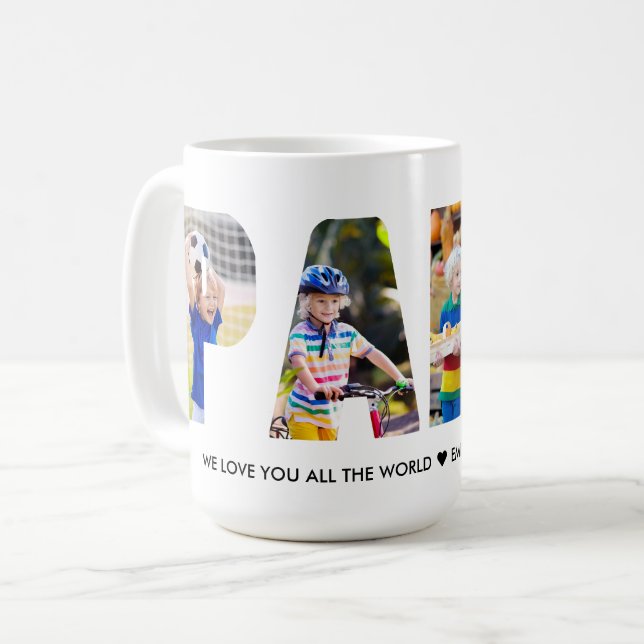 Mug PAPA Photo Collage Lettre découpée petits noms (Devant gauche)