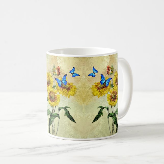 Mug Papillon bleu et tournesol jaune Nature Florale (Devant droit)