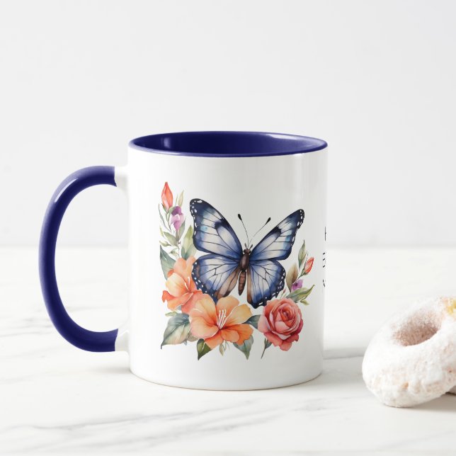 Mug Papillon cadeau d'anniversaire personnalisé Floral (Avec donut)