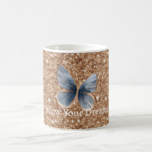 Mug Papillon en bleu denim paillettes or rustique