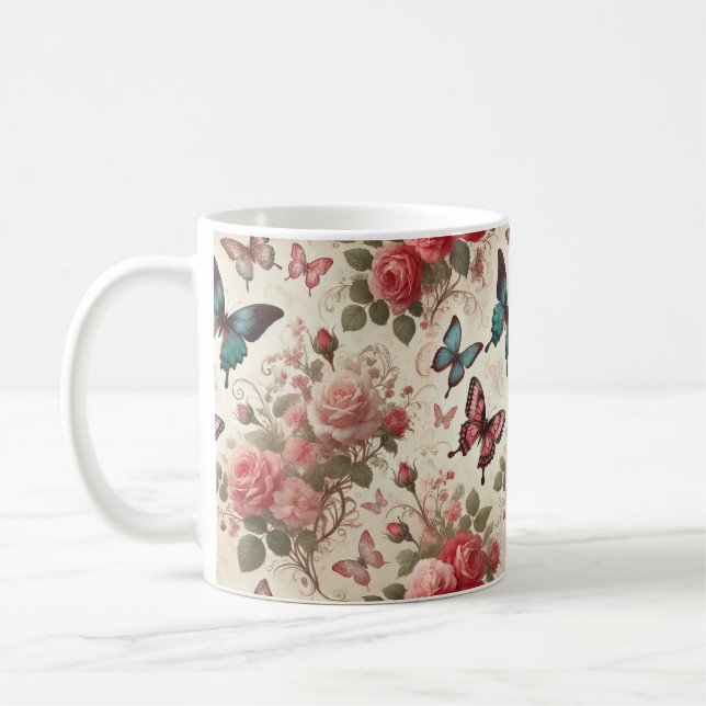 Mug Papillon et Motif Rose (Gauche)