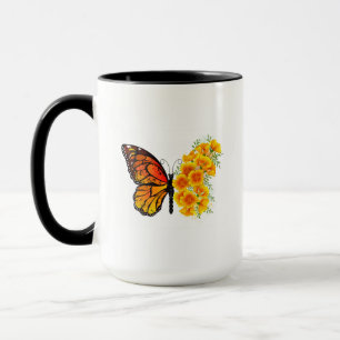 Mug Papillon Fleur avec Pavot de Californie Jaune