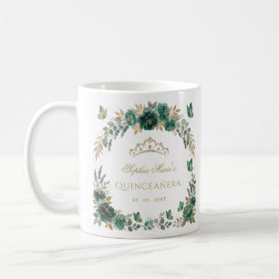 Mug Papillon Floral Couronne Émeraude Or Quinceañera
