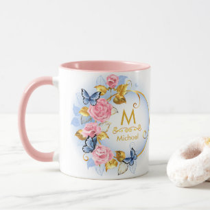 Mug Papillon & Rose Rose Monogramme I Initiale Or