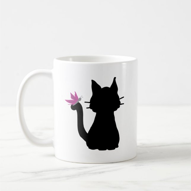 Mug Papillon rose Silhouette de chat noir (Gauche)