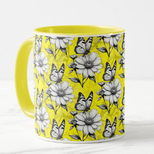 Mug Papillon sur Motif Fleur Design Jaune