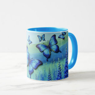 Mug Papillons Bleus avec des Fleurs Bleues,