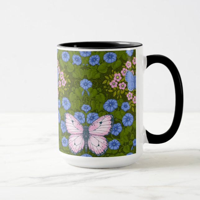 Mug Papillons et symétrie des fleurs, bleu et rose (Droite)