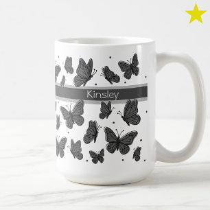 Mug Papillons gris noir & points personnalisation nom