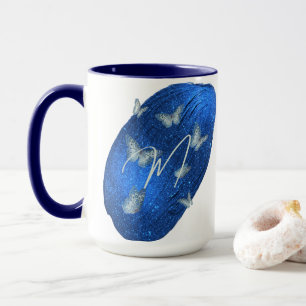 Mug Papillons Royal Bleu Initiales Lettre M Monogramme
