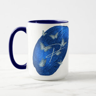 Mug Papillons Royal Bleu Initiales Lettre P Monogramme