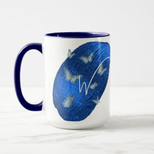 Mug Papillons Royal Blue Initiales Lettre W Monogramme