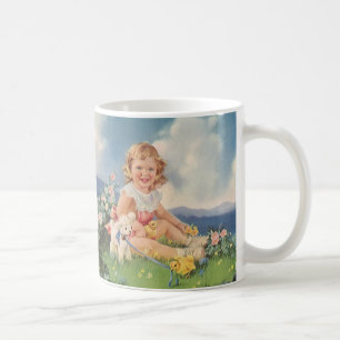 Mug Pâques vintages, Fille avec Poussins Lamb dans la