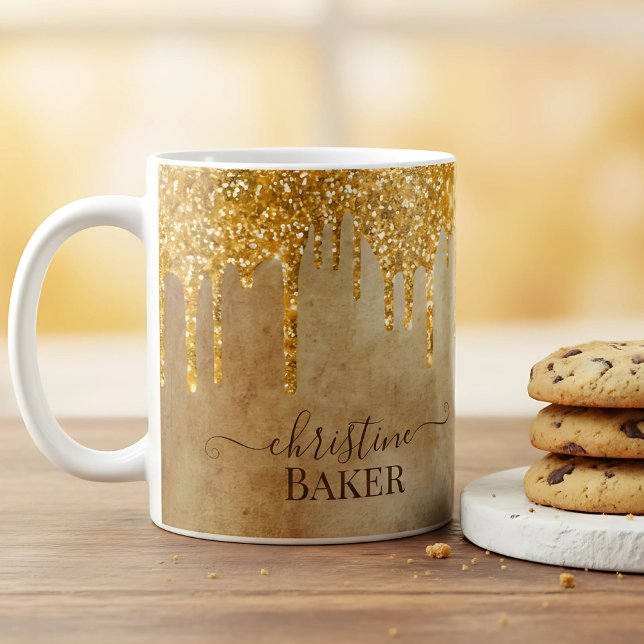 Mug Parties scintillant d'or gouttes avec touche rusti (mug with fake gold glitter and name)