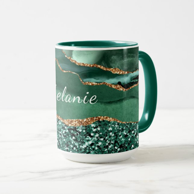 Mug Parties scintillant en marbre vert émeraude Nom pe (Devant droit)
