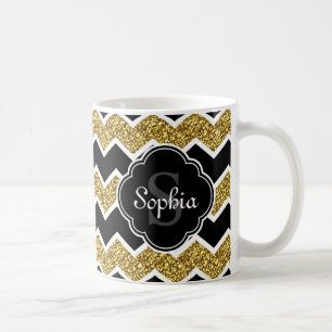 Mug Parties scintillant en or noir blanc Motif Chevron