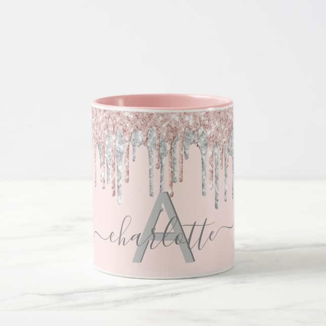 Mug parties scintillant en or rose monogramme bleu ros (Centre)