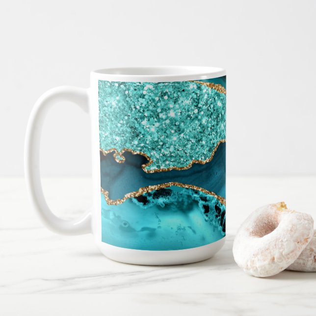 Mug Parties scintillant turquoise bleu or marbre Aqua  (Avec donut)