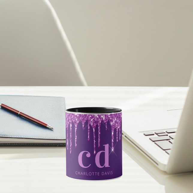Mug Parties scintillant violet gouttes de nom monogram (Créateur téléchargé)
