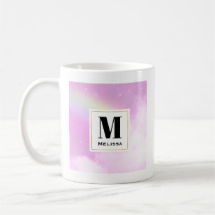 Mug Pastel Ciel rose avec Monogramme arc-en-ciel jaune