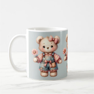 Mug Pastel Teddy Bear Holding Flower Wear Overalls